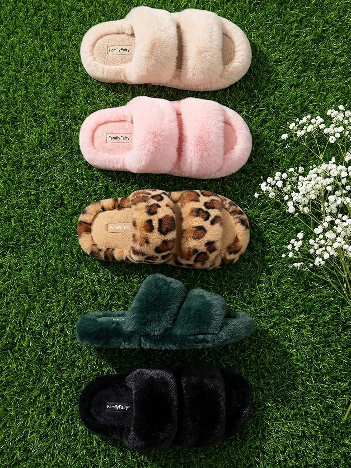 Women's Plush Faux Fur Slippers - Comfortable Open Toe Two-Band Slides with Fleece Lining and Rubber Sole