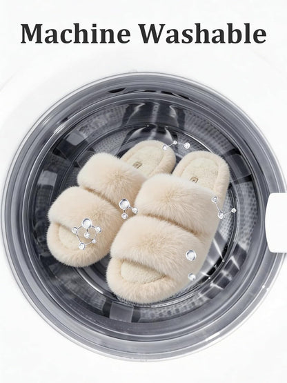 Women's Plush Faux Fur Slippers - Comfortable Open Toe Two-Band Slides with Fleece Lining and Rubber Sole