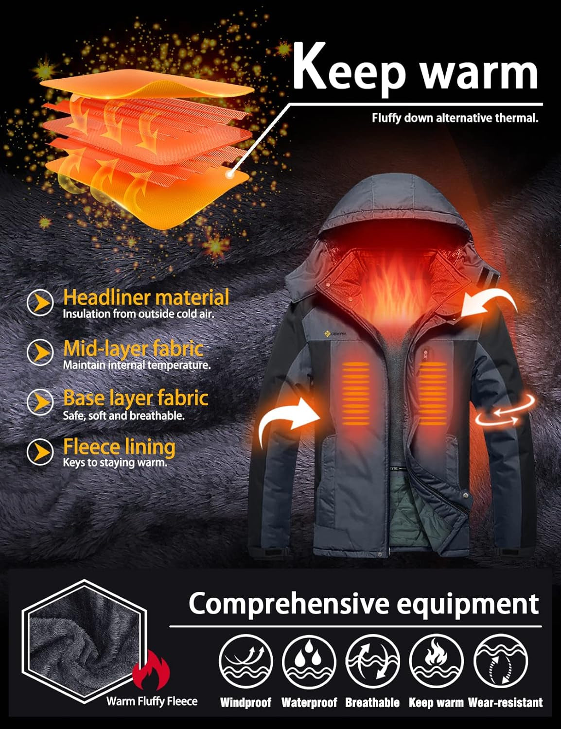 Men's Waterproof Ski Jacket - Warm Winter Coat with Hood, Windproof Design for Snowboarding and Rain