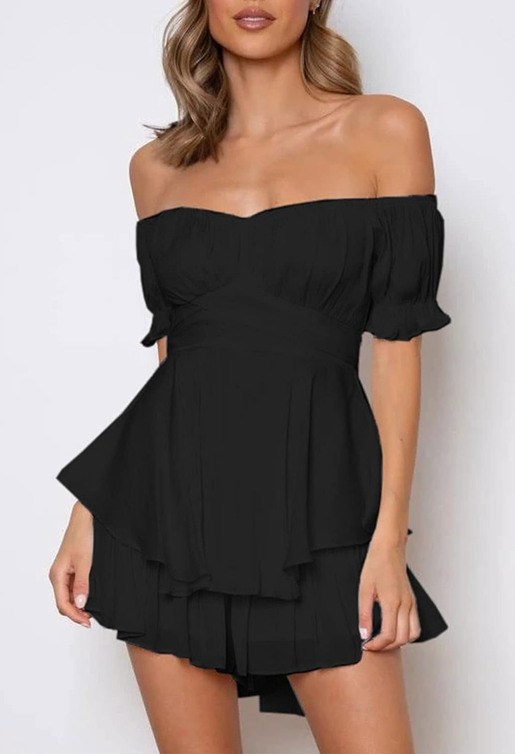 Women's Bohemian Off-Shoulder Ruffle Chiffon Romper with Shorts