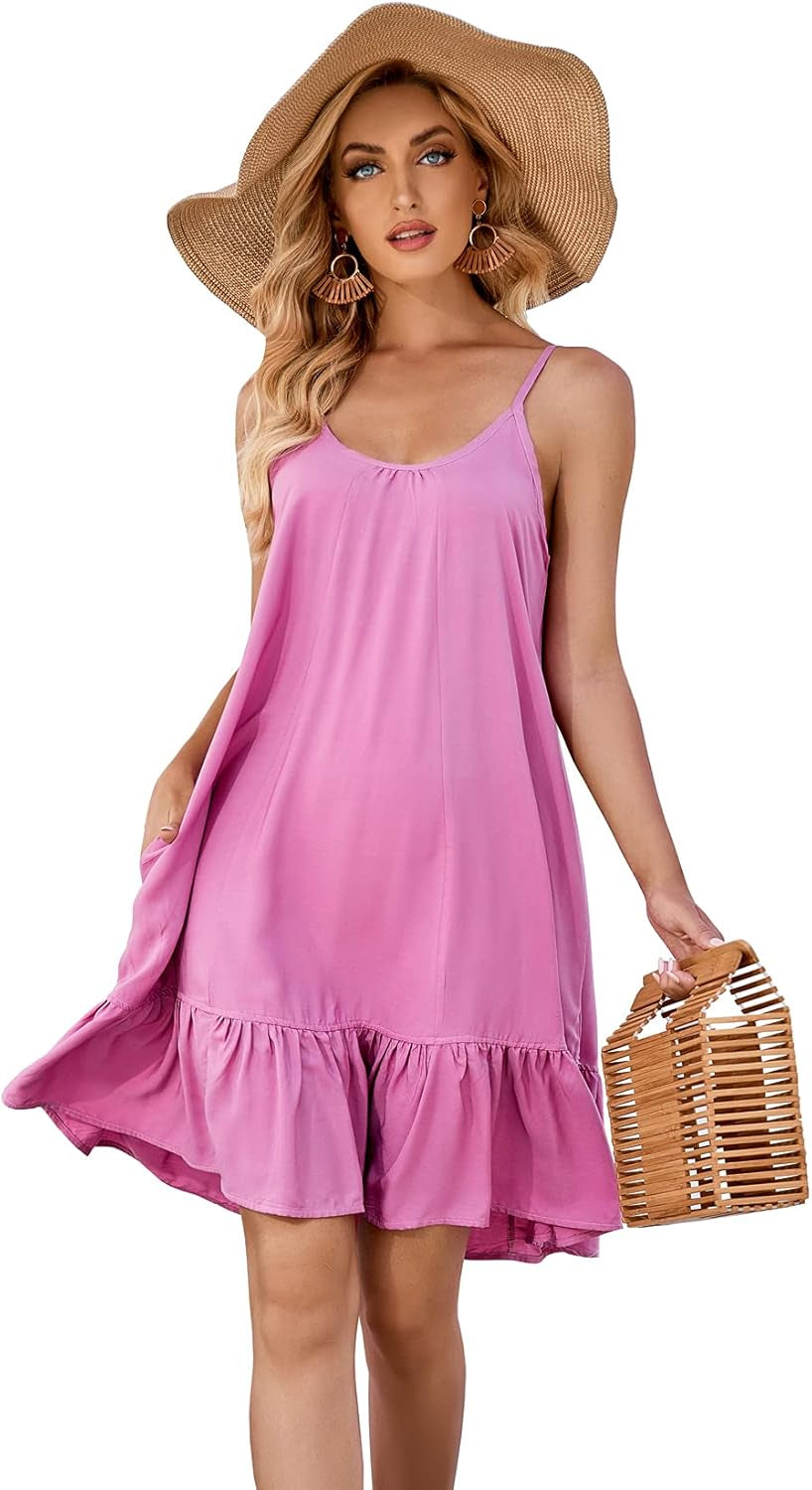 Women's V-Neck Floral Print Spaghetti Strap Mini Dress with Pockets - Casual Summer Beach Sundress