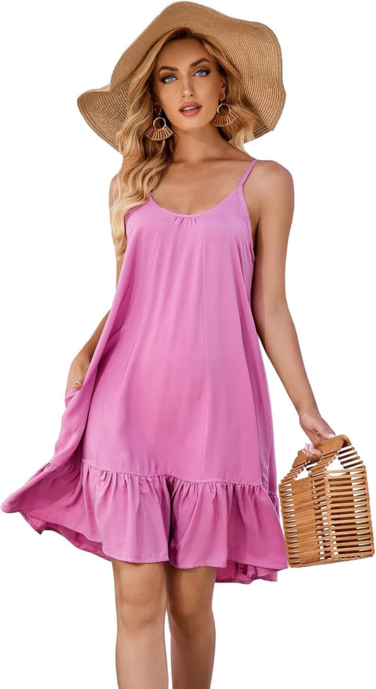 Women's V-Neck Floral Print Spaghetti Strap Mini Dress with Pockets - Casual Summer Beach Sundress