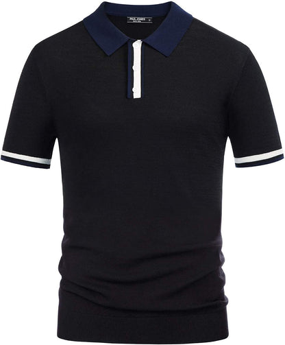 Men's Regular Fit Short Sleeve Polo Shirt - Solid Black Golf Knitwear for Summer