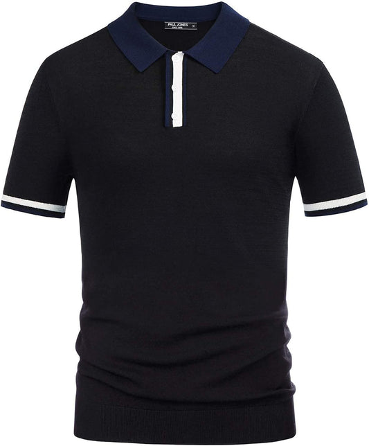 Men's Regular Fit Short Sleeve Polo Shirt - Solid Black Golf Knitwear for Summer