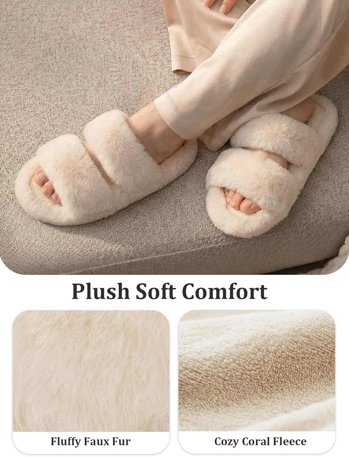Women's Plush Faux Fur Slippers - Comfortable Open Toe Two-Band Slides with Fleece Lining and Rubber Sole