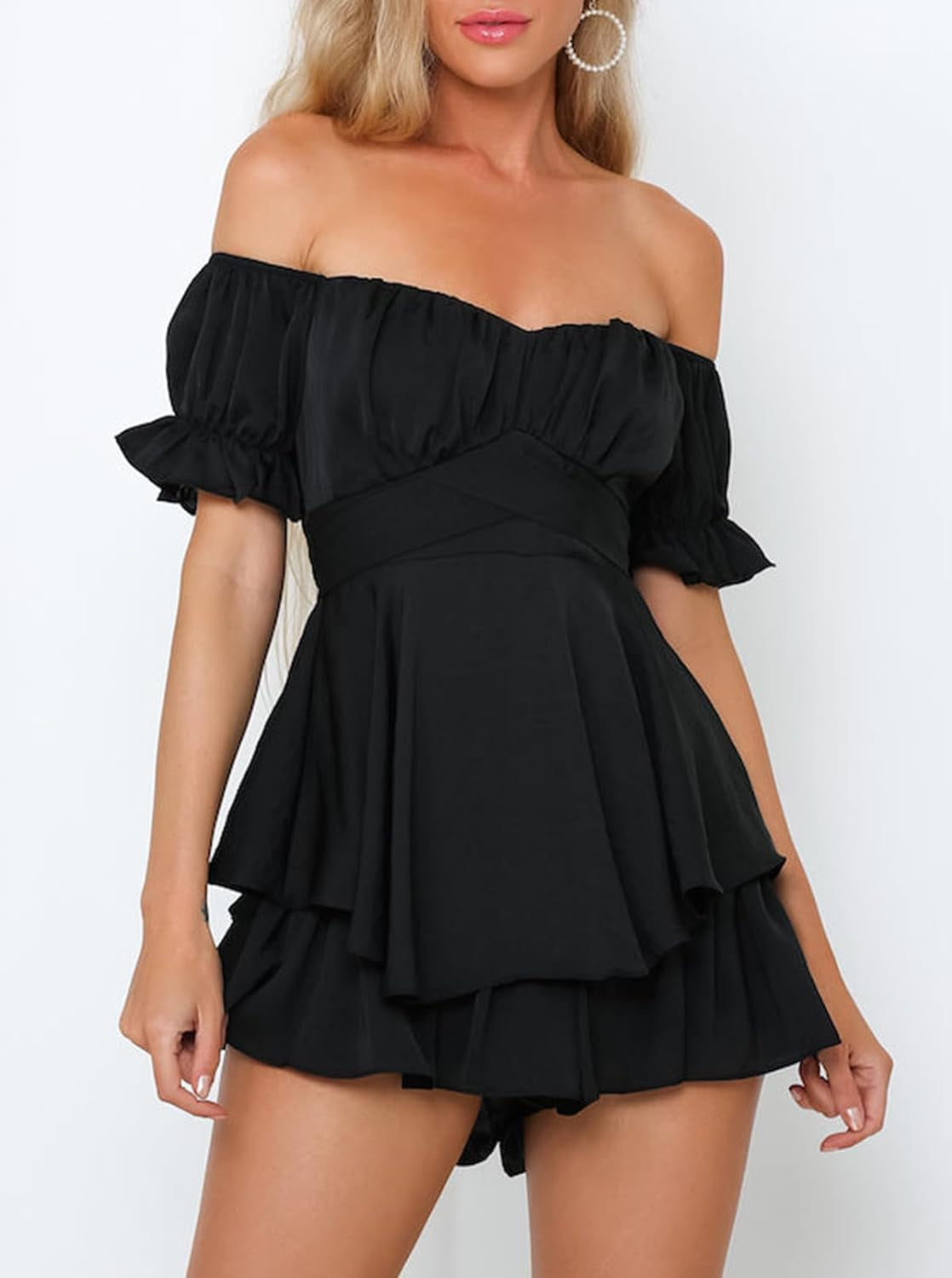 Women's Bohemian Off-Shoulder Ruffle Chiffon Romper with Shorts
