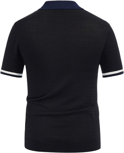 Men's Regular Fit Short Sleeve Polo Shirt - Solid Black Golf Knitwear for Summer