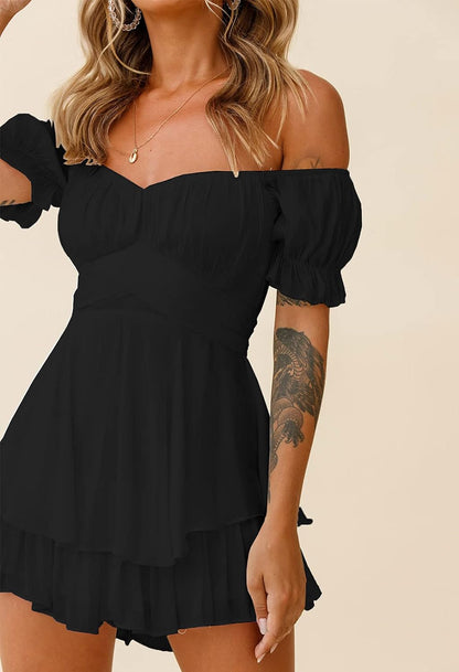 Women's Bohemian Off-Shoulder Ruffle Chiffon Romper with Shorts