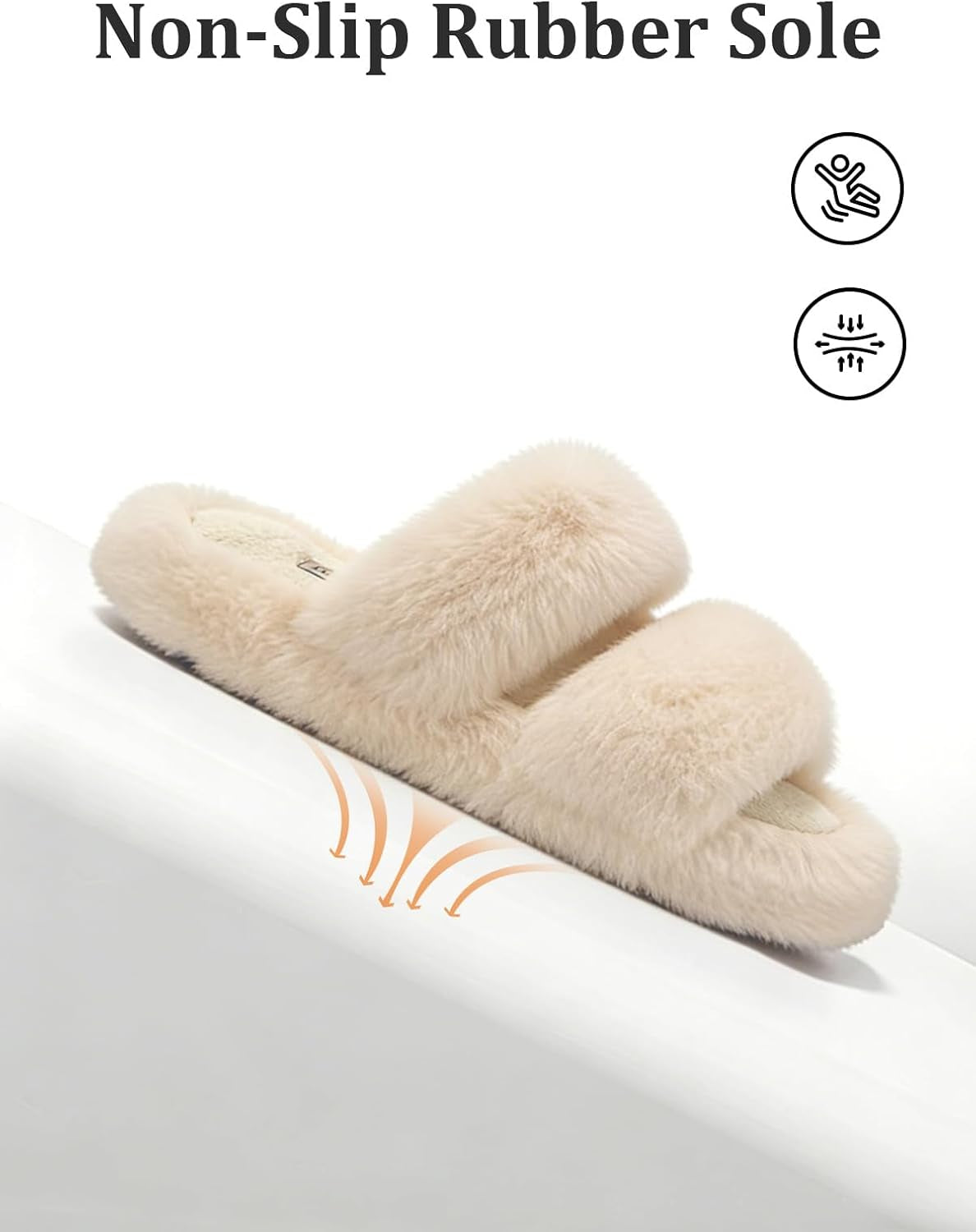 Women's Plush Faux Fur Slippers - Comfortable Open Toe Two-Band Slides with Fleece Lining and Rubber Sole