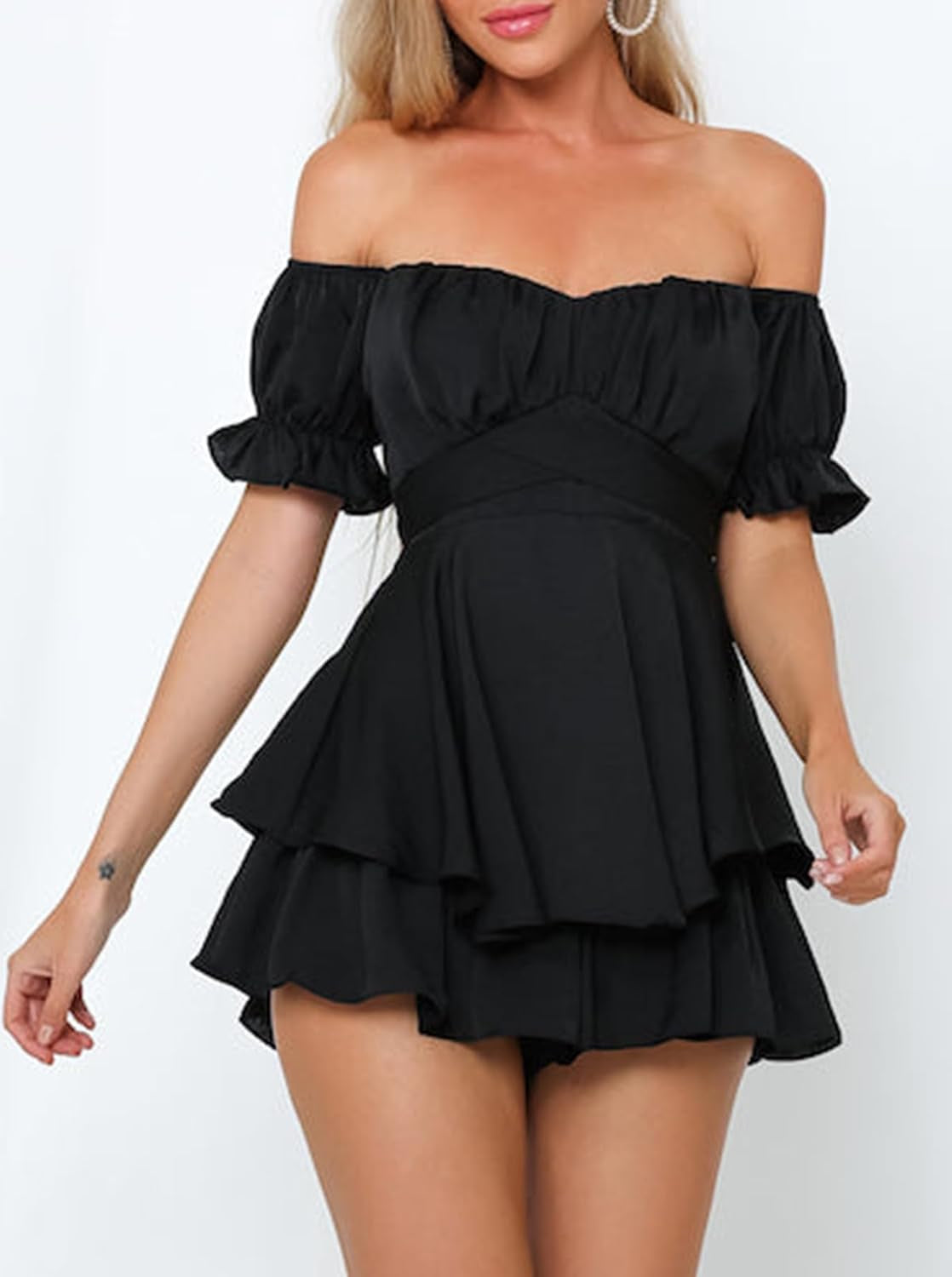 Women's Bohemian Off-Shoulder Ruffle Chiffon Romper with Shorts
