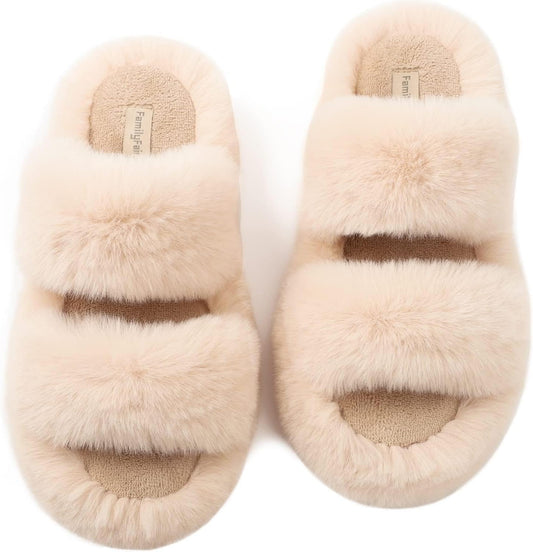 Women's Plush Faux Fur Slippers - Comfortable Open Toe Two-Band Slides with Fleece Lining and Rubber Sole