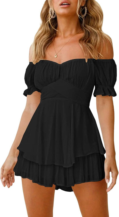 Women's Bohemian Off-Shoulder Ruffle Chiffon Romper with Shorts