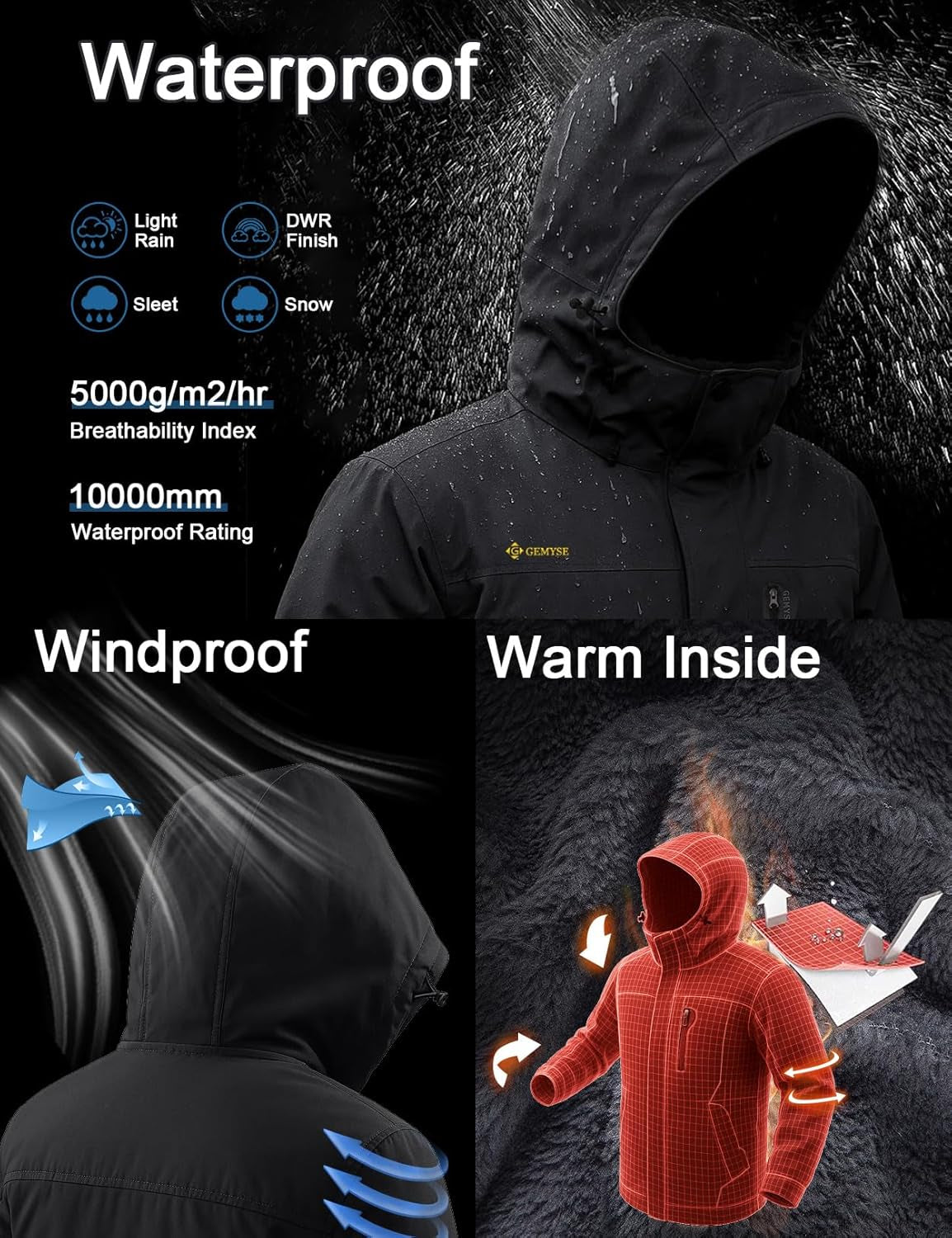 Men's Waterproof Ski Jacket - Warm Winter Coat with Hood, Windproof Design for Snowboarding and Rain